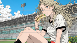 野球などの屋外スポーツを観戦しながら、ホットドッグを頬張る若い女性。 | 2382233-9571