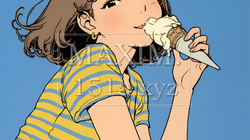 夏空の下でソフトクリーム（コーンに乗ったアイスクリーム）をたべる若い女性｜2506657-9937
