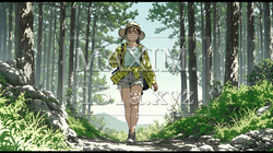初夏の森でトレッキングを楽しむ若い女性｜新緑とアウトドアの爽やかなライフスタイル | 2412-17576