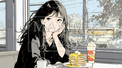 早朝のダイナー（喫茶店）でパンケーキ（モーニングセット）を食べる若い女性｜2115570-15648