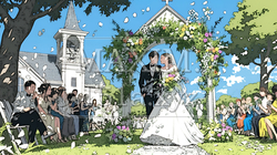晴天の日のウェディングベルの鳴り響く中の結婚式 | 2426352-7231