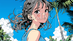晴れた夏の日、若い女性が沖縄の山を散策中