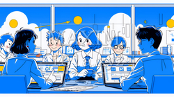 ITビジネスとクラウド技術のコンセプト｜ノートPCで働くチームとデータネットワークのイメージ | 2439313-17261