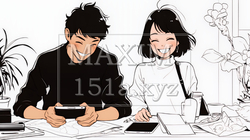 仲良く二人で旅行の計画を立てている若いカップル（シンプルな色使い）｜2457319-16594