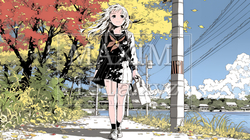 水辺の紅葉の小径を散策している若い女性｜2461177-5880