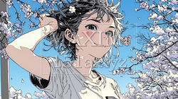 満開の桜の下、春風に乱れた髪を整える若い女性 | 2493007-15107