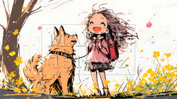 愛犬と散歩をしている女の子（クレヨン＋水彩画風）｜2350370-10868