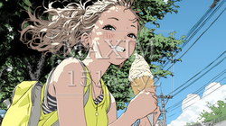 夏空の下でソフトクリーム（コーンに乗ったアイスクリーム）をたべる若い女性｜2651709-11367