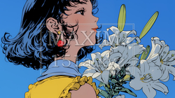 ユリの花と若い女性
