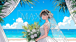 海辺で結婚式を挙げている若い花嫁