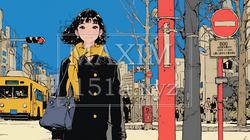 冬枯れの街を歩く若い女性