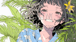 沖縄のかりゆしファッションを着て笑顔いっぱいの若い女性｜2539038-9753