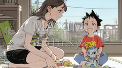 家の中で子どもと遊んでいる若い母親