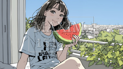 スイカを縁側で食べている若い女性