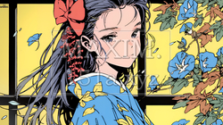 紅葉に包まれた中、着物を纏った若い女性が佇んでいる