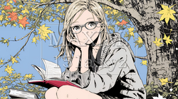 読書の秋：紅葉の木の下で本を読んでいる若い女性｜2548019-15744