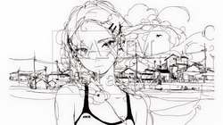 一人旅の若い女性と夏のビーチの風景（シンプルな色使い）｜2798964-10006