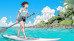 海でSUP（サップ）を楽しむ若い女性（ライフジャケットとリーシュコードの装着は必須だよ）｜爽やかなマリンスポーツ・夏のレジャーイラスト | 2565434-20477