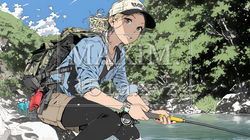 岸から魚釣りを楽しむ若い女性｜渓流・自然・アウトドア・ライフスタイル | 2566289-17546