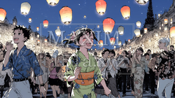 縁日屋台が立ち並び、賑わいを見せる祭りの夜｜3773394-9827