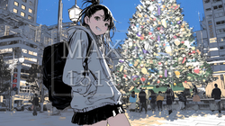 クリスマスイルミネーションが美しい街を散策する若い女性