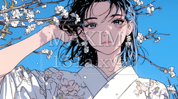 梅花と和服姿の若い女性