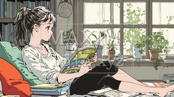 読書の秋：リビングルームで本を読んでいる若い女性