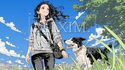 愛犬と散歩している若い女性｜2566117-4239