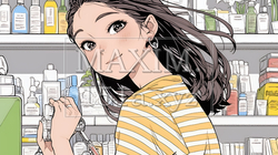 ドラッグストアでコスメを選ぶ若い女性