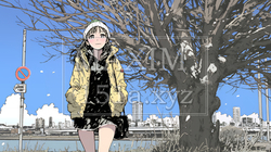 冬枯れの街を歩く若い女性