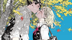 秋の紅葉の下でキスをしている若い恋人たち｜2653529-16557