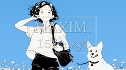愛犬と散歩している若い女性（シンプルな色使い）｜2629758-10884