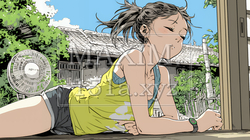 暑い夏の昼下がり、扇風機にあたって涼んでいる若い女性 | 264951-10741