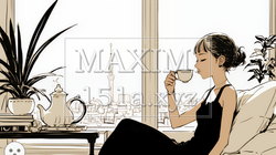 リビングで紅茶を飲んでいる女性（シンプルな色使い） | 2654032-11820