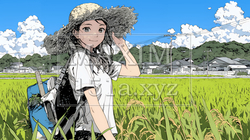 田んぼで農作業をしている女性