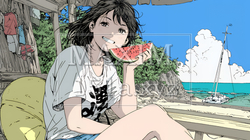 スイカを海辺て食べている若い女性