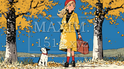 水辺の紅葉の小径を散策している若い女性｜2733337-10442