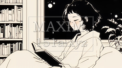 資料（本）を読みながら、うとうと眠ってしまう若い女性（シンプルな色使い）