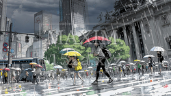 雨の中、黙々と通勤・通学をする人々 | 2722511-9251