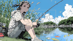 岸から魚釣りを楽しむ若い女性｜渓流・自然・アウトドア・ライフスタイル | 2729423-17544