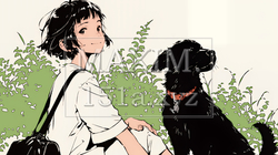 愛犬と散歩している若い女性（シンプルな色使い）｜2645892-10875