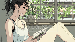 のんびり・ゆったり：窓辺でリラックスして本を読んでいる若い女性