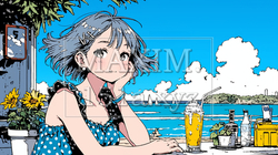 海辺の喫茶レストランで飲み物を飲んでいる若い女性