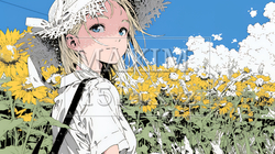 夏の晴天の日、ひまわりの畑を散策している若い女性
