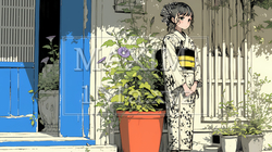 アサガオと浴衣姿の若い女性 | 2760897-9722