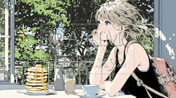 早朝のダイナー（喫茶店）でパンケーキ（モーニングセット）を食べる若い女性｜2425875-15608