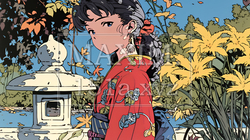 紅葉に包まれた中、着物を纏った若い女性が佇んでいる | 276603-6173
