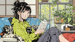 読書の秋：リビングルームで本を読んでいる若い女性｜2789544-7364