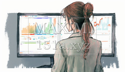 モニターに表示された株価チャートと注文画面を見つめる女性トレーダーの後ろ姿。