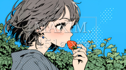 イチゴを摘んで食べている若い女性